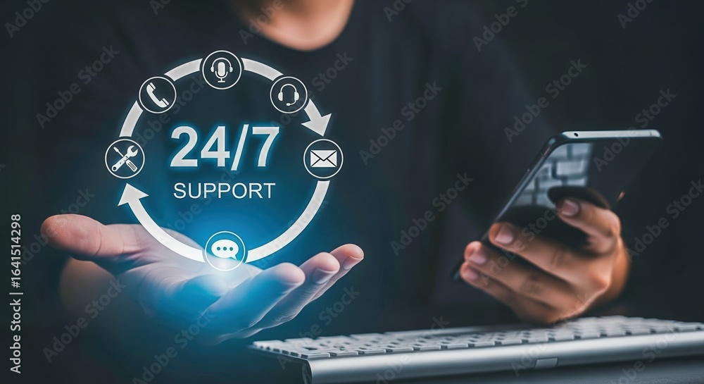 Obraz premium 24/7 Customer Support Concept: Person Holding Holographic Display with Icons Representing Round-the-Clock Assistance and Communication