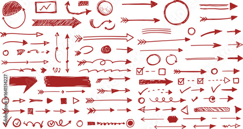 Collection of hand drawn red arrows and symbols on white background sketch