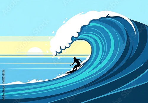 Surfer riding a giant wave at sunset under a vibrant blue sky illustration