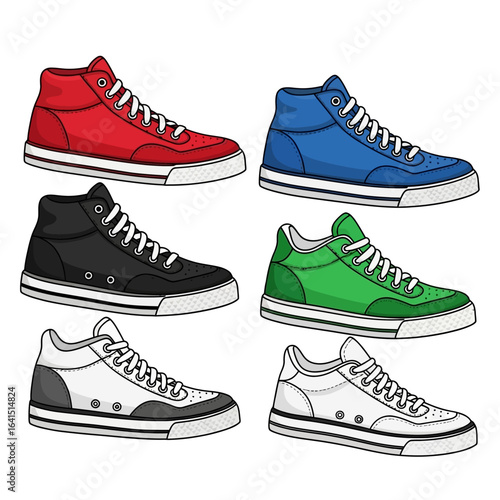 Colorful high-top sneakers collection. Classic canvas style shoe illustration set isolated on white background.