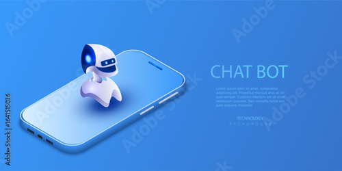 Chatbot ai virtual assistant with phone vector illustration. Digital chat bot, robot application, conversation and communication concept. Chatting artificial intelligence developed by tech company.