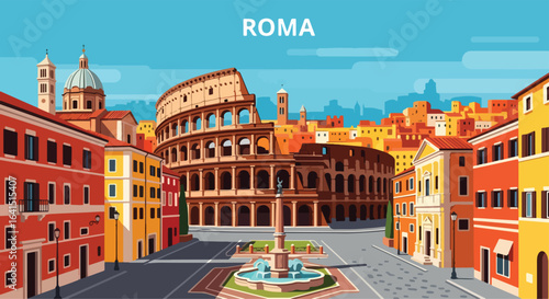 Adobe Illustrator Artwork flat style picturesque illustration of the historic Rome cityscape featuring the iconic Colosseum and surrounding ancient buildings under a clear blue sky