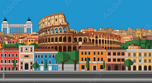 Adobe Illustrator Artwork flat style picturesque illustration of the historic Rome cityscape featuring the iconic Colosseum and surrounding ancient buildings under a clear blue sky