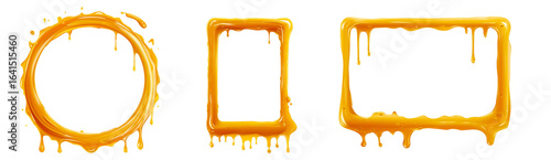 Glossy golden honey drip frames in round, square, and rectangular shapes with realistic syrup texture, isolated on transparent background for food-themed design and decorative use