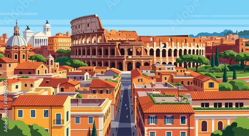 Adobe Illustrator Artwork flat style picturesque illustration of the historic Rome cityscape featuring the iconic Colosseum and surrounding ancient buildings under a clear blue sky
