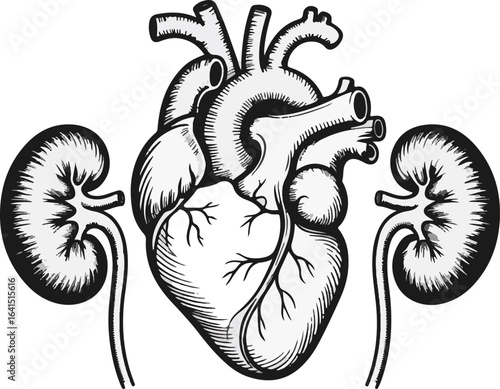 Detailed human anatomy illustration of heart and kidneys