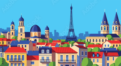 Adobe Illustrator Artwork flat style picturesque illustration of the iconic Paris cityscape featuring the magnificent Eiffel Tower, surrounded by classic Parisian buildings and charming street
