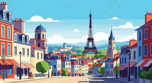 Adobe Illustrator Artwork flat style picturesque illustration of the iconic Paris cityscape featuring the magnificent Eiffel Tower, surrounded by classic Parisian buildings and charming street
