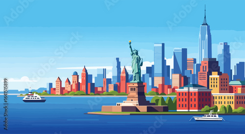 Adobe Illustrator Artwork flat style picturesque illustration of the dynamic New York Cityscape featuring the iconic Statue of Liberty and a panoramic view of the Manhattan skyline
