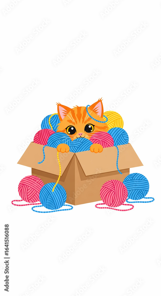 Fototapeta premium Cute Ginger Cat Hiding in a Box of Yarn Balls