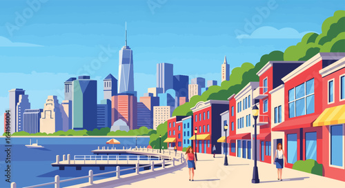 Adobe Illustrator Artwork flat style picturesque illustration of the dynamic New York Cityscape featuring the iconic Statue of Liberty and a panoramic view of the Manhattan skyline