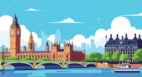 Adobe Illustrator Artwork flat style picturesque illustration of the iconic London cityscape featuring the Houses of Parliament with Big Ben, Buckingham Palace, and the Thames River