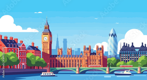 Adobe Illustrator Artwork flat style picturesque illustration of the iconic London cityscape featuring the Houses of Parliament with Big Ben, Buckingham Palace, and the Thames River