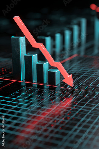 Downward trend on chart with red arrow. Financial or economic decline. Negative data, downturn, loss.