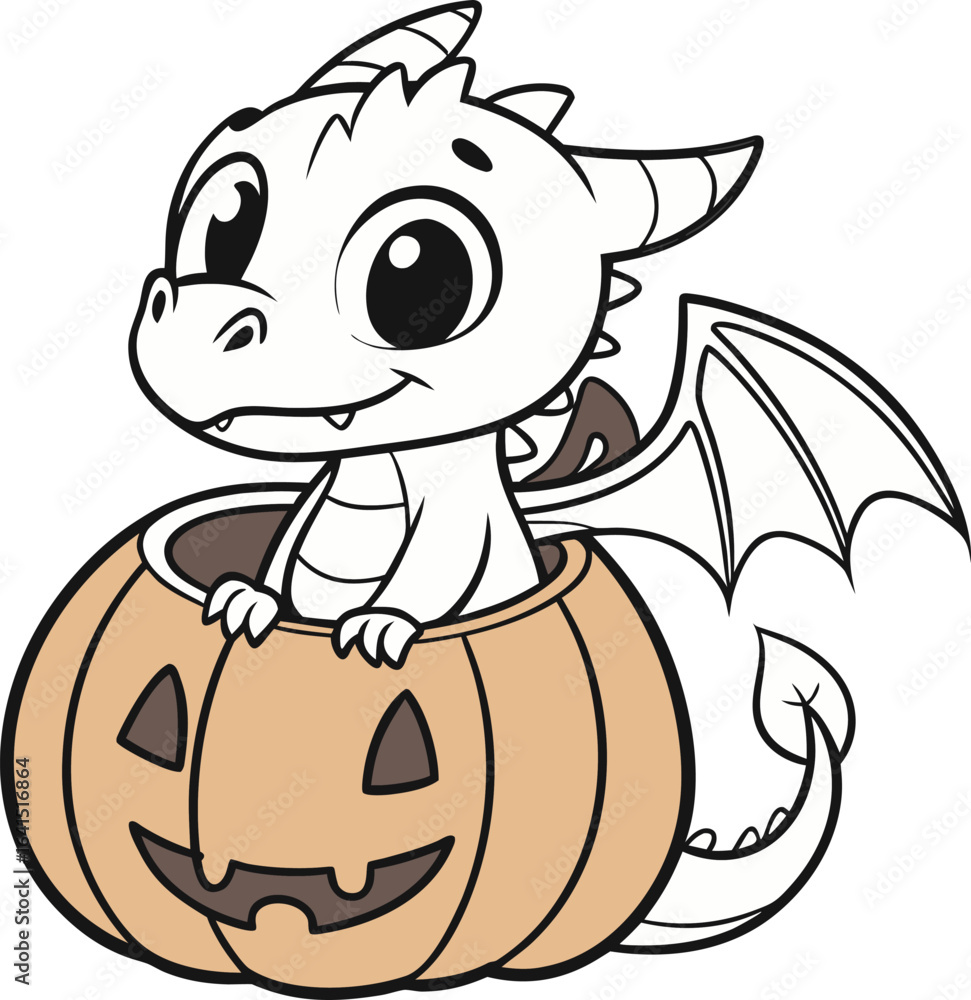 Fototapeta premium Cute Baby Dragon in Halloween Pumpkin - Coloring Book Style