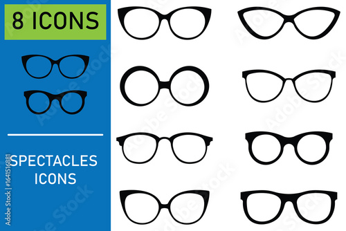 set of vector spectacles glasses icon. Glasses hipster frame set,  round geek style retro nerd glasses, fashion black plastic rims. Different shapes, frame, styles. Vector illustration. 