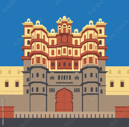 Flat vector illustration of Rajwada Palace, iconic seven-storey historical monument in Indore, Madhya Pradesh, India, perfect for travel, tourism, heritage, and architectural design projects