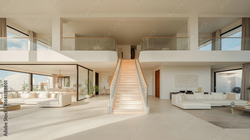 Obraz premium Bright, modern two-story villa interior with glass staircase and minimalist white design. 