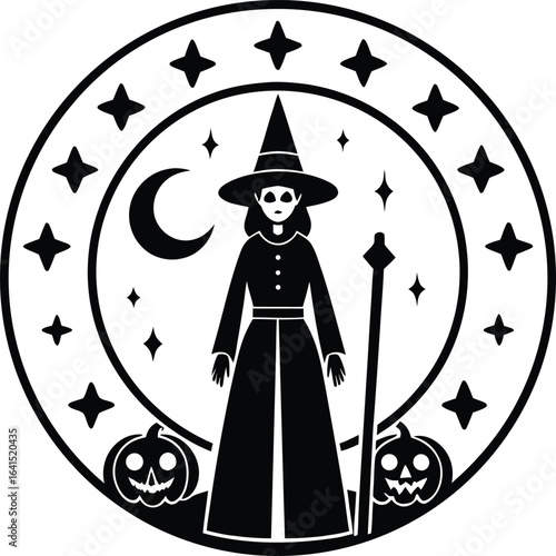 Witch with Staff, Pumpkins, Moon, and Stars Halloween Emblem