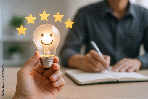 Customer Satisfaction Concept: Hand Holding Light Bulb with Smiling Face and Five Star Rating