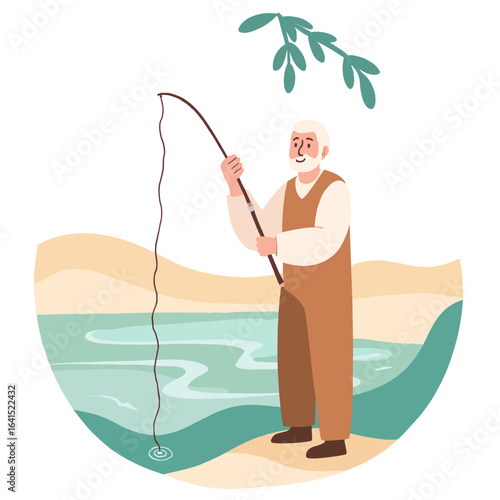 Elderly man fishing at lake. Senior enjoying quiet fishing time. Old man with fishing rod by water. Peaceful lakeside hobby for retirees. Elderly set