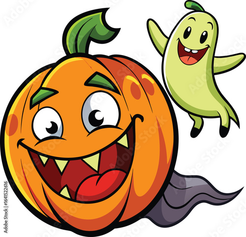 Hilarious Halloween Cartoon of a Ghost Scaring a Pumpkin
