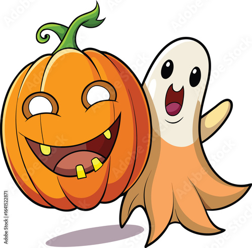 Hilarious Halloween Cartoon of a Ghost Scaring a Pumpkin