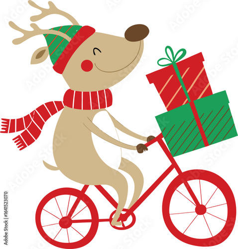 Christmas Reindeer Delivering Gifts by Bicycle