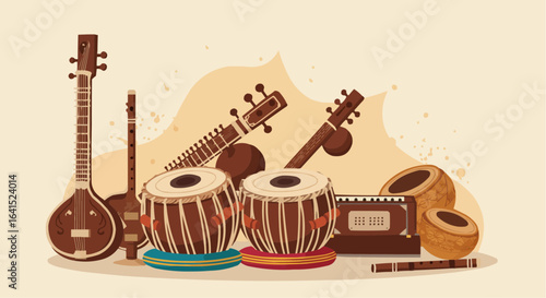 Indian Classical Music Instruments – Sitar, Tabla and Veena Illustration