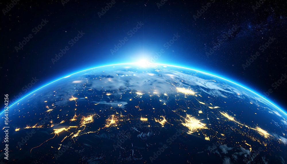 Obraz premium Stunning view of Earth from space, showcasing planet curvature, illuminated cities, and bright sunrise on horizon