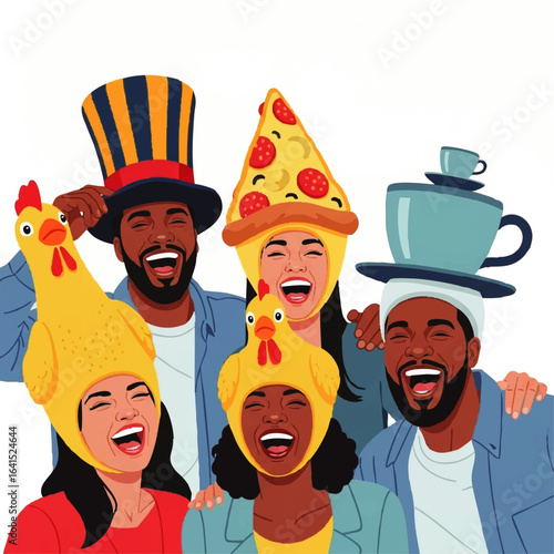 Group of diverse people wearing funny hats, laughing heartily.