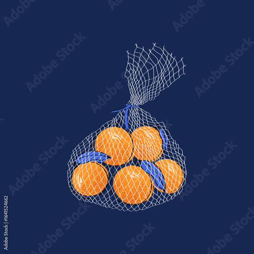 White Net Bag Filled with Oranges on Deep Navy Background Eco friendly grocery illustration for sustainable shopping ads, market posters, product packaging and social media. Sitka with tangerines Wint