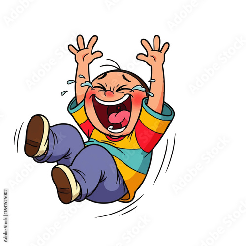 Cartoon illustration of a young boy laughing hysterically, tears streaming down his face, with arms raised in joy.