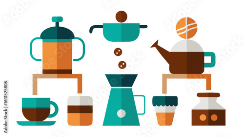 Flat Vector Coffee Brewing Methods Illustration Teal Orange Brown