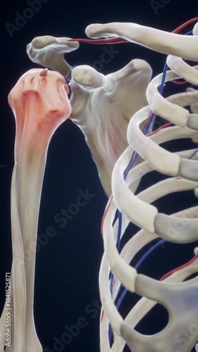 Anatomical 3D animation of the human shoulder joint showing the humerus scapula clavicle and rib cage Detailed medical visualization of the skeletal system
