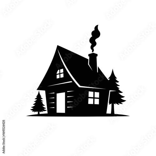 Vector art of black silhouette of a cozy log cabin with smoke coming from the chimney, surrounded by pine trees