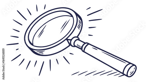 Hand drawn magnifying glass with light rays radiating around it on a white background sketch style