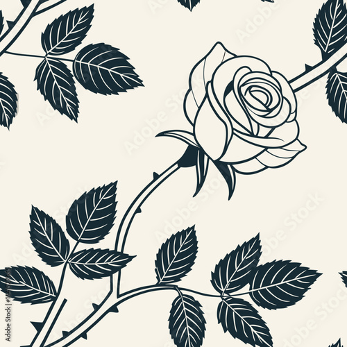 Elegant dark blue line art rose and leaves pattern on a light cream background