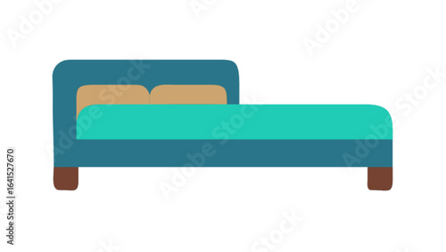 Illustration of a bed with a blue frame and teal bedding on a white background in a simple style