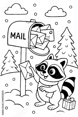 Happy Cartoon Raccoon Mailing a Letter in a Mailbox Full of Mail - Fun Winter Holiday Coloring Page