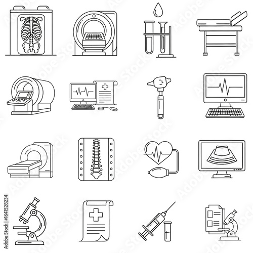 Set of gray medical diagnostic icons for hospital equipment, tests, and diagnosis on a white background