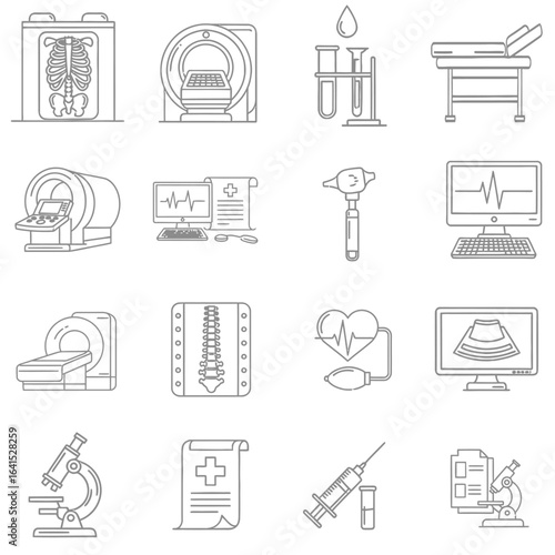 Set of gray medical diagnostic icons for hospital equipment, tests, and diagnosis on a white background