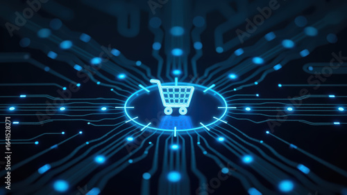Digital shopping cart icon surrounded by glowing circuit lines, representing e commerce and technology integration