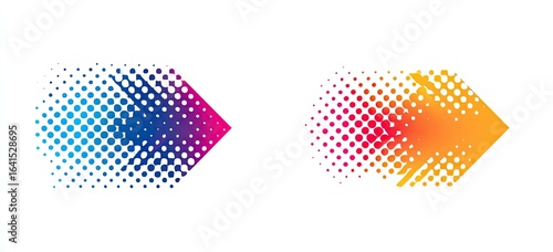 Two abstract arrow shapes, created with a halftone or dotted gradient effect, in different color palettes