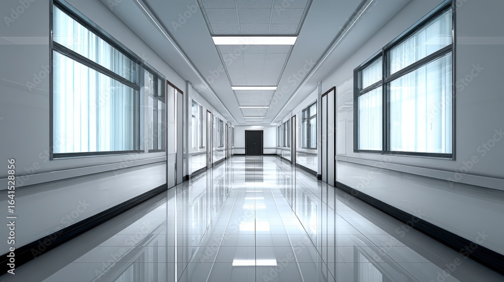 Obraz premium Clean, Modern Hospital Hallway with Natural Light from Windows and Shiny Floors