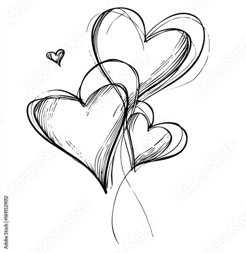 Three hearts intertwined in a sketch style, with flowing lines