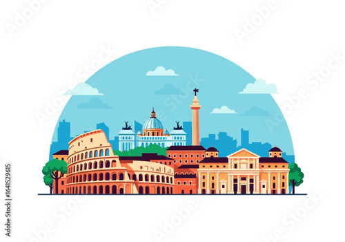 flat style picturesque illustration of Rome cityscape showcasing famous historical landmarks and classic architecture against a bright sky. Perfect for Italy and travel themes