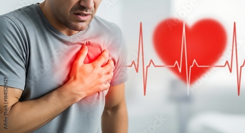Man experiencing chest pain touching chest with heart and ekg representation