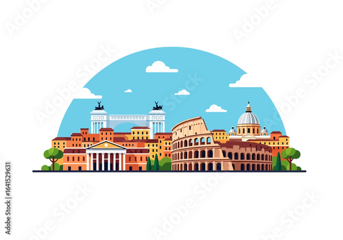 flat style picturesque illustration of Rome cityscape showcasing famous historical landmarks and classic architecture against a bright sky. Perfect for Italy and travel themes