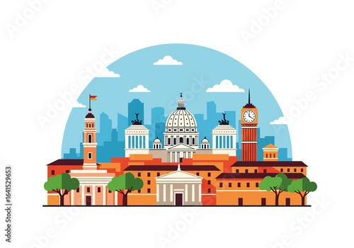 flat style picturesque illustration of Rome cityscape showcasing famous historical landmarks and classic architecture against a bright sky. Perfect for Italy and travel themes